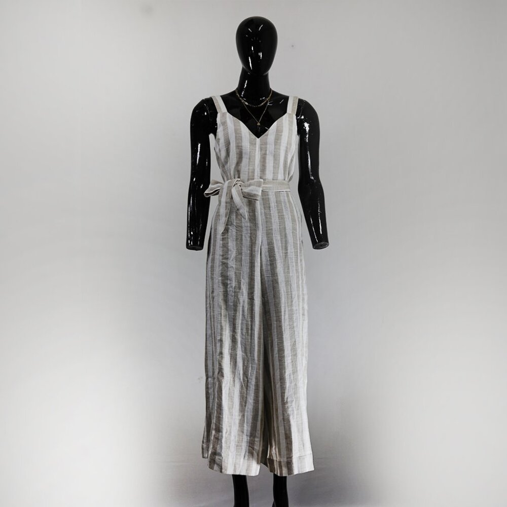 Elegant Linen-Blend Striped Midi Dress with Waist Tie